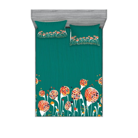 Ambesonne Colorful Fitted Sheet & Pillow Sham Set, Modern Spring Flowers, Full, Multicolor