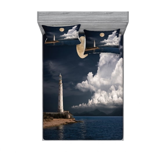 Ambesonne Colorful Fitted Sheet & Pillow Sham Set, Moonlight Island Sea, Queen, Multicolor