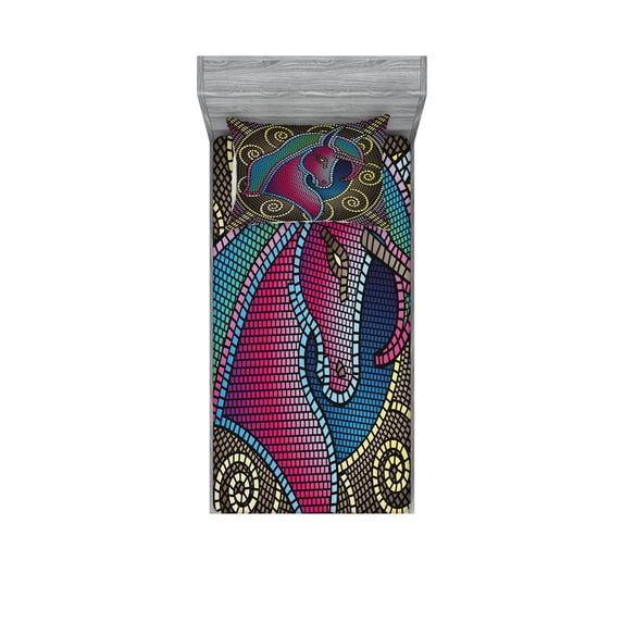Ambesonne Colorful Fitted Sheet & Pillow Sham Set, Mosaic Unicorn, Twinxl, Multicolor