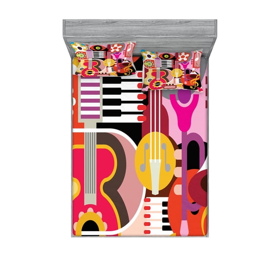 Ambesonne Colorful Fitted Sheet & Pillow Sham Set, Music Instruments, Queen, Multicolor