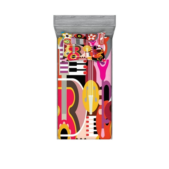 Ambesonne Colorful Fitted Sheet & Pillow Sham Set, Music Instruments, Twinxl, Multicolor