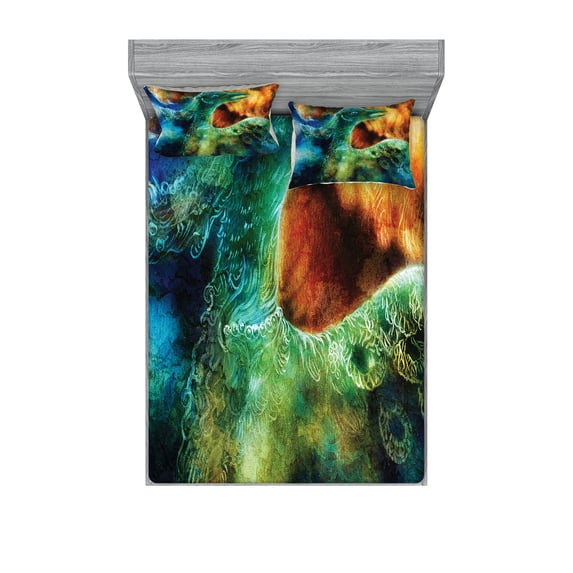 Ambesonne Colorful Fitted Sheet & Pillow Sham Set, Mythical Phoenix Birth, Queen, Multicolor