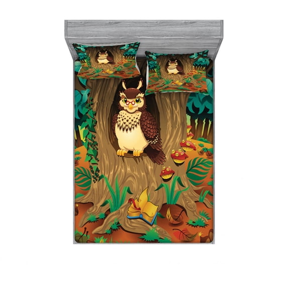 Ambesonne Colorful Fitted Sheet & Pillow Sham Set, Nanny Grandma Sage Owl, Queen, Multicolor