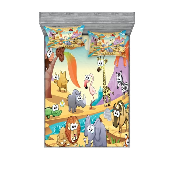 Ambesonne Colorful Fitted Sheet & Pillow Sham Set, Nature Beasts Hippo, Queen, Multicolor