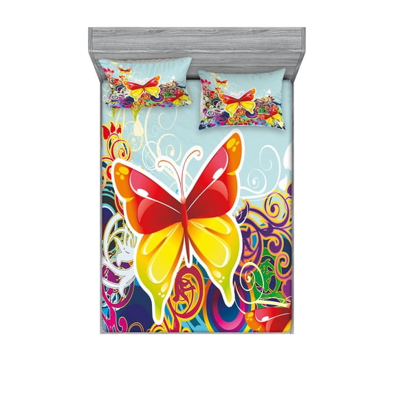 Ambesonne Colorful Fitted Sheet & Pillow Sham Set, Nature Leaves Butterfly, Full, Multicolor