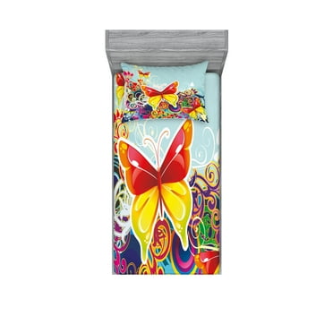Ambesonne Colorful Fitted Sheet & Pillow Sham Set, Nature Leaves Butterfly, Twin, Multicolor