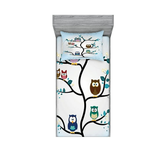 Ambesonne Colorful Fitted Sheet & Pillow Sham Set, Night Animal Owl Love, Twin, Multicolor