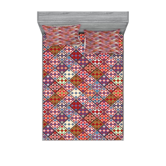 Ambesonne Colorful Fitted Sheet & Pillow Sham Set, Nomadic Rug Tribal, Full, Multicolor