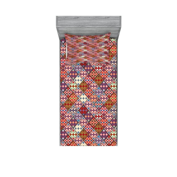 Ambesonne Colorful Fitted Sheet & Pillow Sham Set, Nomadic Rug Tribal, Twin, Multicolor