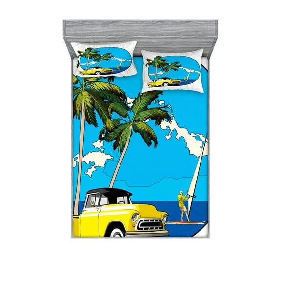 Ambesonne Colorful Fitted Sheet & Pillow Sham Set, Nostalgic Chevy Car, Full, Multicolor