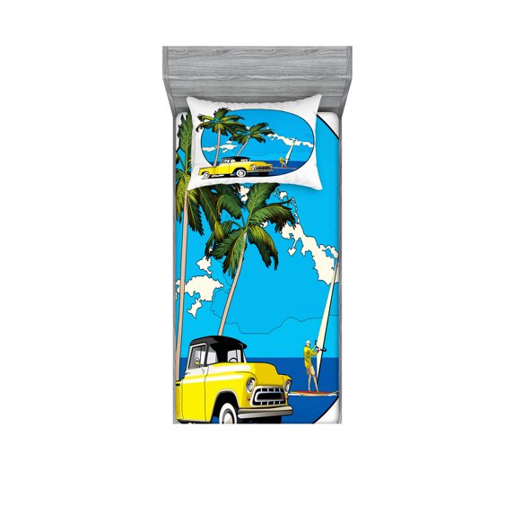 Ambesonne Colorful Fitted Sheet & Pillow Sham Set, Nostalgic Chevy Car, Twinxl, Multicolor