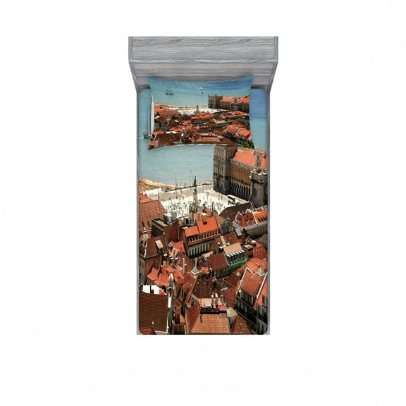 Ambesonne Colorful Fitted Sheet & Pillow Sham Set, Nostalgic Lisbon City, Twin, Multicolor