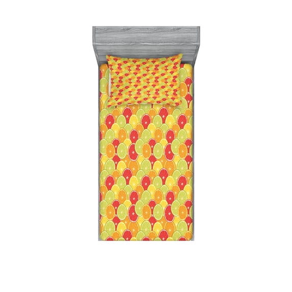 Ambesonne Colorful Fitted Sheet & Pillow Sham Set, Orange Lemon Fruits, Twin, Multicolor