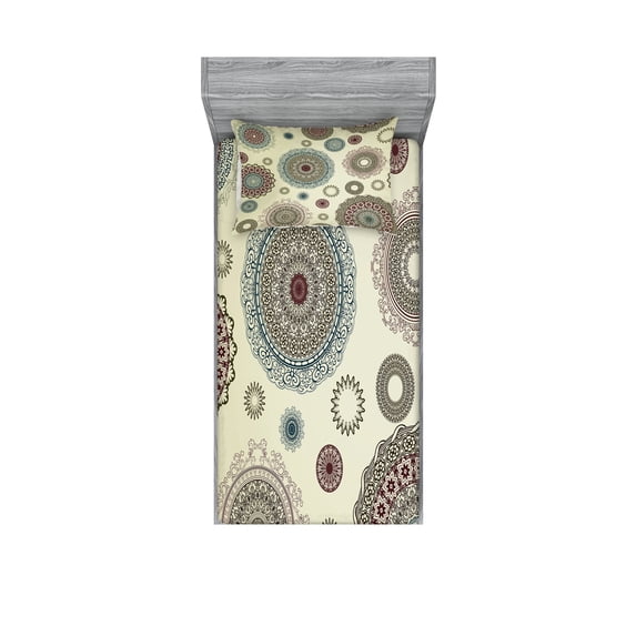 Ambesonne Colorful Fitted Sheet & Pillow Sham Set, Oriental Round Motifs, Twin, Multicolor