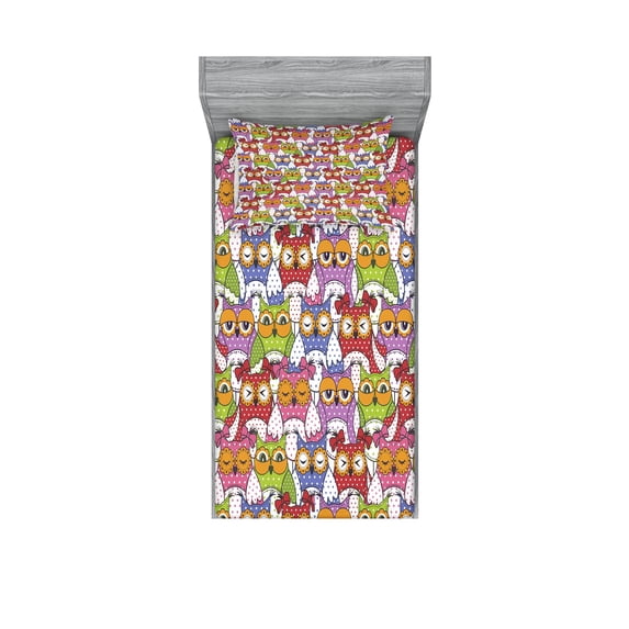 Ambesonne Colorful Fitted Sheet & Pillow Sham Set, Ornate Owl Polka Dots, Twinxl, Multicolor