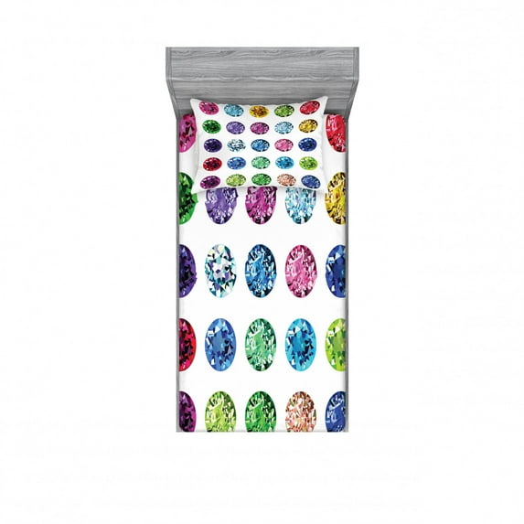 Ambesonne Colorful Fitted Sheet & Pillow Sham Set, Oval Diamonds Emerald, Twinxl, Multicolor