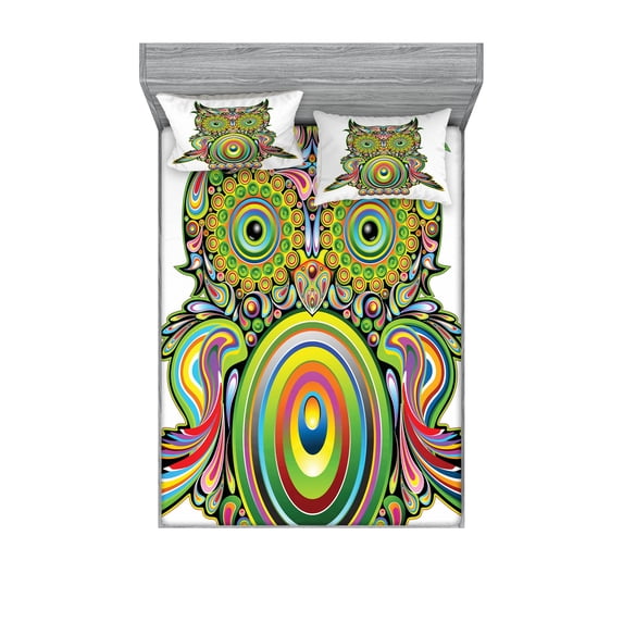 Ambesonne Colorful Fitted Sheet & Pillow Sham Set, Owl Eye, Full, Multicolor