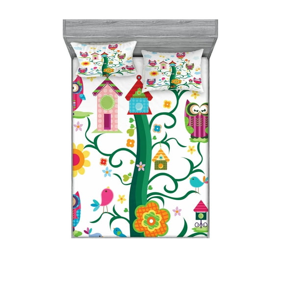 Ambesonne Colorful Fitted Sheet & Pillow Sham Set, Owls on Tree with Dots, Queen, Multicolor