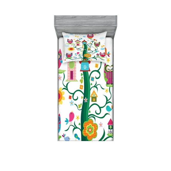 Ambesonne Colorful Fitted Sheet & Pillow Sham Set, Owls on Tree with Dots, Twinxl, Multicolor