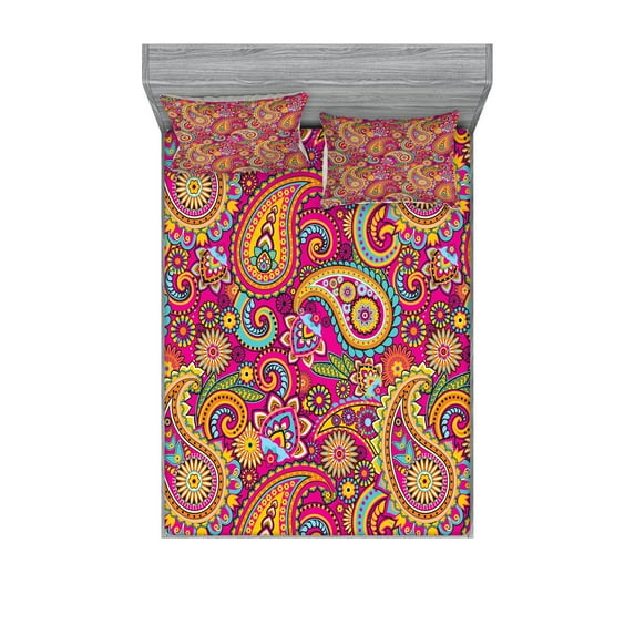 Ambesonne Colorful Fitted Sheet & Pillow Sham Set, Paisley Eastern, Queen, Multicolor