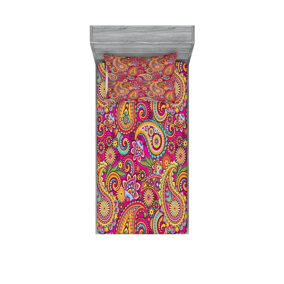 Ambesonne Colorful Fitted Sheet & Pillow Sham Set, Paisley Eastern, Twinxl, Multicolor