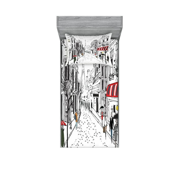 Ambesonne Colorful Fitted Sheet & Pillow Sham Set, Paris Eiffel Tower, Twinxl, Multicolor