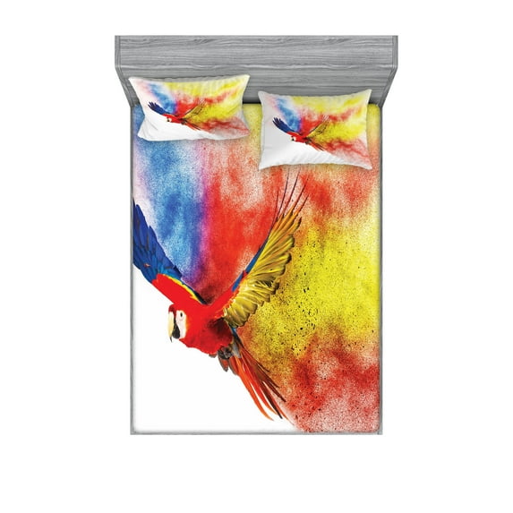 Ambesonne Colorful Fitted Sheet & Pillow Sham Set, Parrot with Feathers, Full, Multicolor