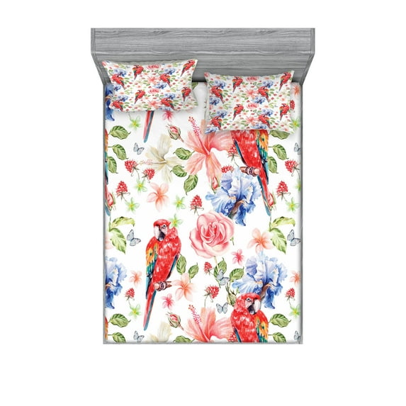 Ambesonne Colorful Fitted Sheet & Pillow Sham Set, Parrots Iris and Roses, Full, Multicolor