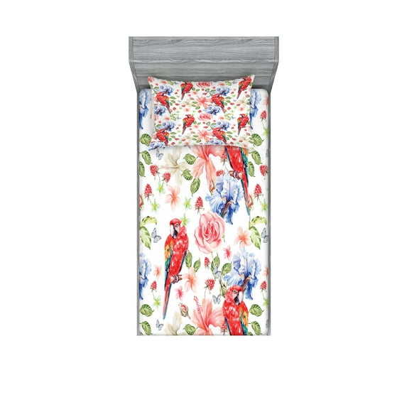 Ambesonne Colorful Fitted Sheet & Pillow Sham Set, Parrots Iris and Roses, Twin, Multicolor
