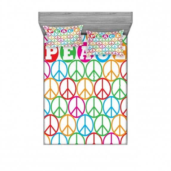 Ambesonne Colorful Fitted Sheet & Pillow Sham Set, Peace Letters, Queen, Multicolor