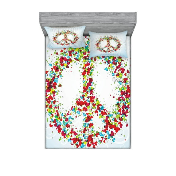 Ambesonne Colorful Fitted Sheet & Pillow Sham Set, Peace Sign with Hearts, Queen, Multicolor