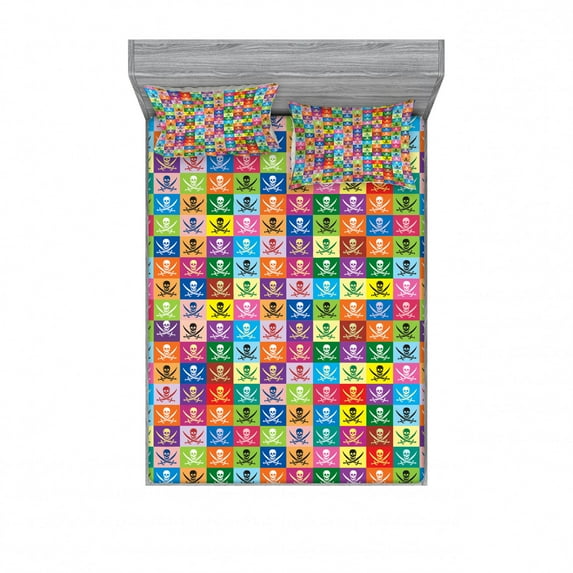 Ambesonne Colorful Fitted Sheet & Pillow Sham Set, Pirate Flags Deisgn, Full, Multicolor