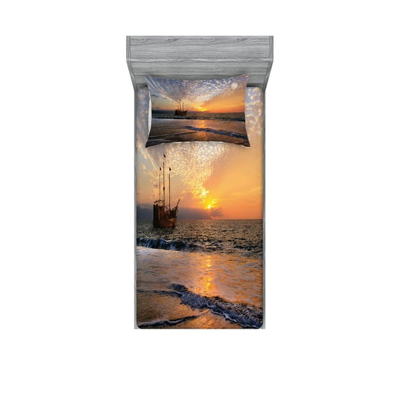 Ambesonne Colorful Fitted Sheet & Pillow Sham Set, Pirate Ship in Waves, Twinxl, Multicolor