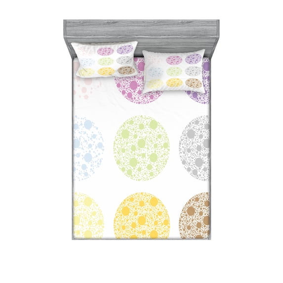 Ambesonne Colorful Fitted Sheet & Pillow Sham Set, Polka Dots and Rounds, Full, Multicolor