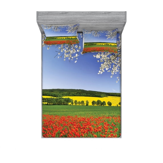 Ambesonne Colorful Fitted Sheet & Pillow Sham Set, Poppy Field Landscape, Full, Multicolor