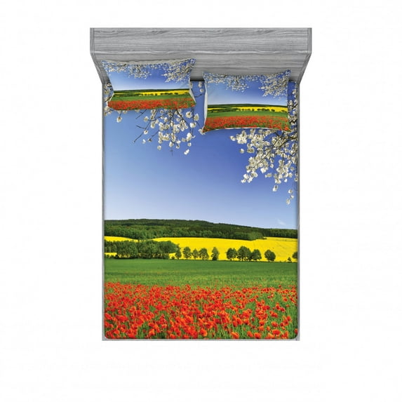 Ambesonne Colorful Fitted Sheet & Pillow Sham Set, Poppy Field Landscape, Queen, Multicolor