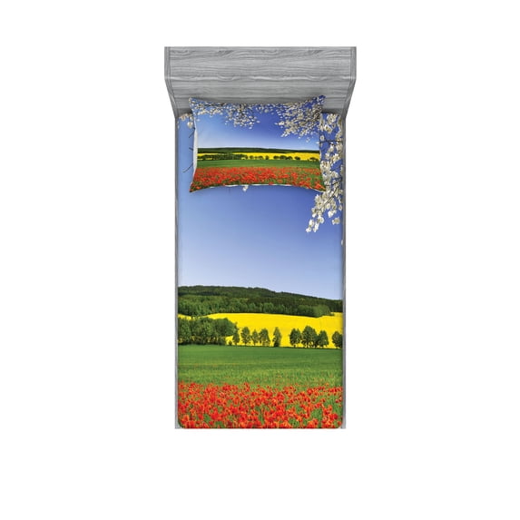 Ambesonne Colorful Fitted Sheet & Pillow Sham Set, Poppy Field Landscape, Twin, Multicolor