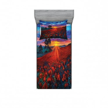 Ambesonne Colorful Fitted Sheet & Pillow Sham Set, Poppy Flower Garden, Twin, Multicolor