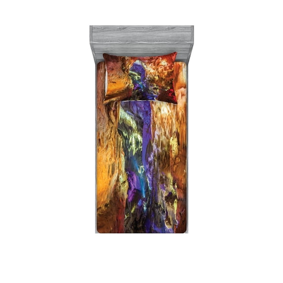 Ambesonne Colorful Fitted Sheet & Pillow Sham Set, Prometheus Cave View, Twin, Multicolor