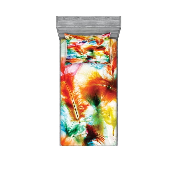 Ambesonne Colorful Fitted Sheet & Pillow Sham Set, Puffy Dreamy Feathers, Twin, Multicolor