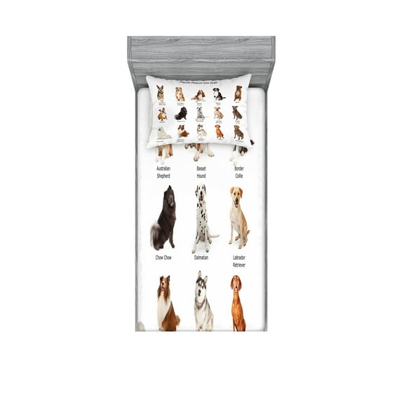 Ambesonne Colorful Fitted Sheet & Pillow Sham Set, Puppy Breeds Family, Twinxl, Multicolor