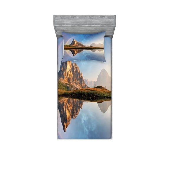 Ambesonne Colorful Fitted Sheet & Pillow Sham Set, Rainbow over Mountain, Twin, Multicolor