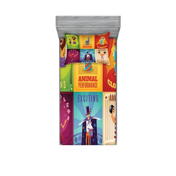 Ambesonne Colorful Fitted Sheet & Pillow Sham Set, Retro Circus Animals, Twin, Multicolor