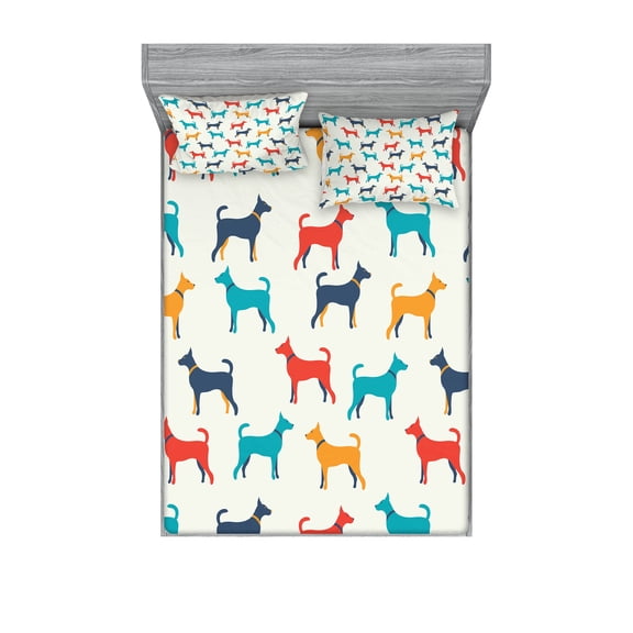Ambesonne Colorful Fitted Sheet & Pillow Sham Set, Retro Dog, Full, Grey Red Teal