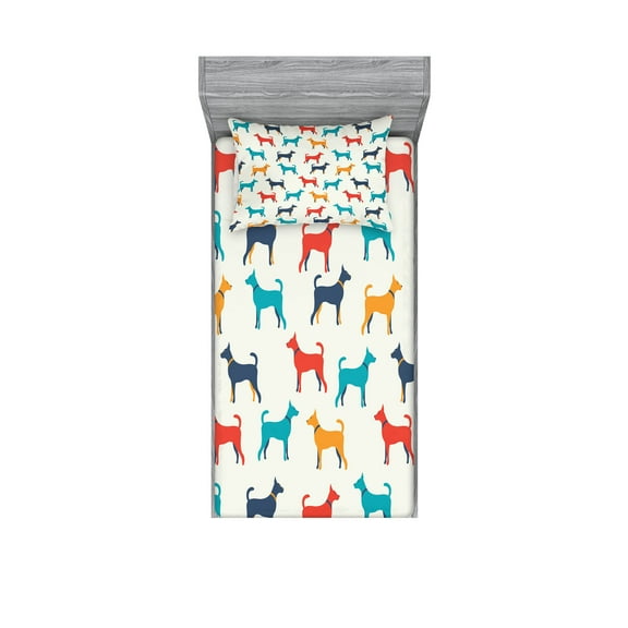 Ambesonne Colorful Fitted Sheet & Pillow Sham Set, Retro Dog, Twin, Grey Red Teal