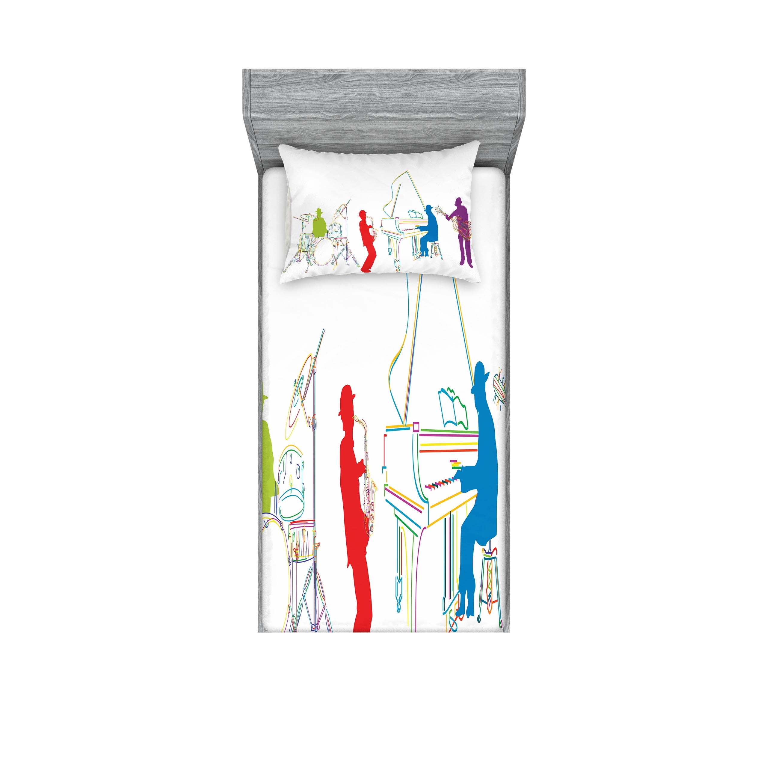 Twin White Microfiber Kids Jazz Band Print Sheet Set