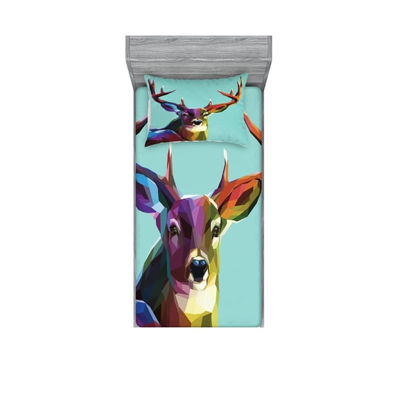 Ambesonne Colorful Fitted Sheet & Pillow Sham Set, Retro Low Poly Deer, Twinxl, Multicolor