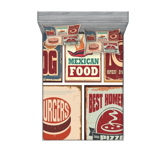 Ambesonne Colorful Fitted Sheet & Pillow Sham Set, Retro Mexican Tin Sign, Full, Multicolor