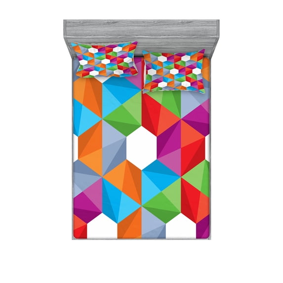 Ambesonne Colorful Fitted Sheet & Pillow Sham Set, Retro Mosaic Triangle, Queen, Multicolor