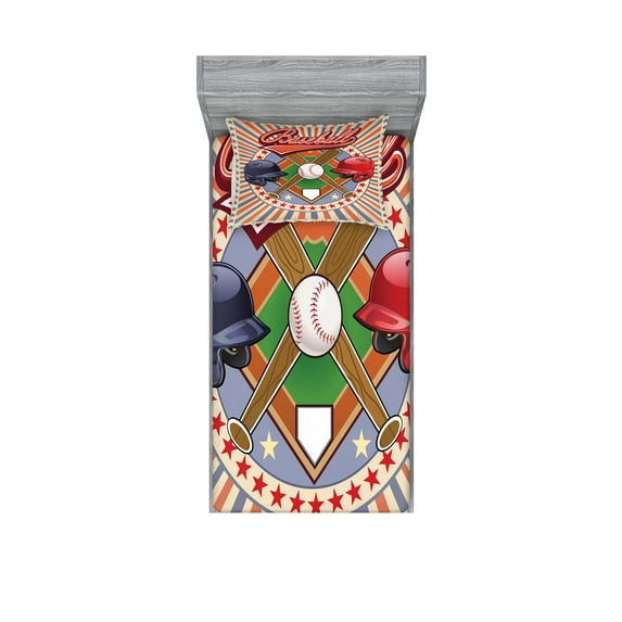 Ambesonne Colorful Fitted Sheet & Pillow Sham Set, Retro Pop Art Baseball, Twinxl, Multicolor